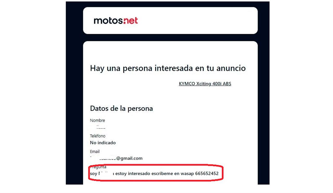 Ejemplo de anuncio fraudulento en motos.net